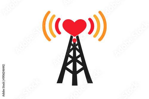 Stylized radio tower broadcasting love signal with heart and waves