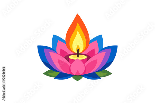 Candle flame burning within a vibrant, stylized lotus flower