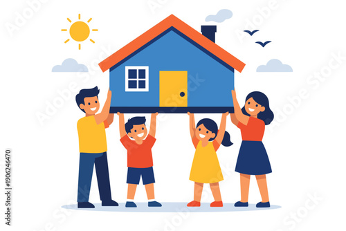 Happy family holding a new blue house under a sunny sky