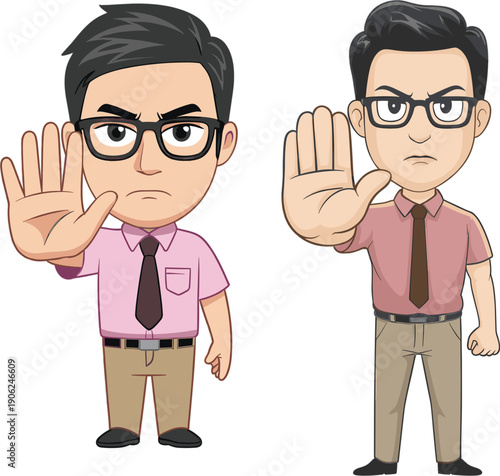 Angry businessman character showing stop hand gesture for rejection warning