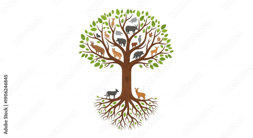 Obraz premium Tree with animals in branches and roots on white background
