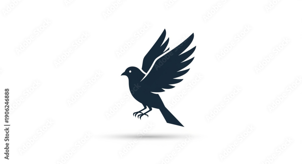 Fototapeta premium Dark bird in flight with outstretched wings on white background