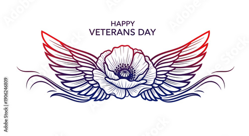 Happy Veterans Day text with patriotic poppy flower and majestic wings design honoring brave
