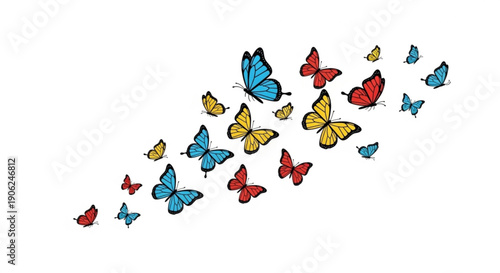 Colorful butterflies flying in a flock on white background