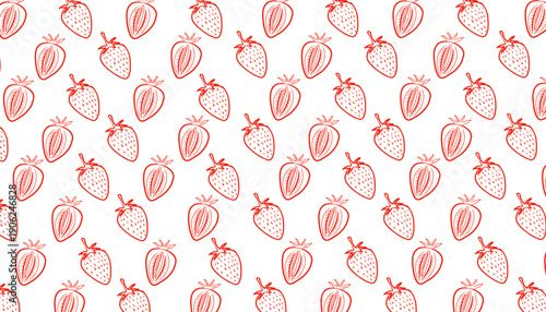 Cute Seamless Pattern with Outline Strawberries Hand Drawn Fresh Fruit Illustration for Fabric Packaging Label and Print