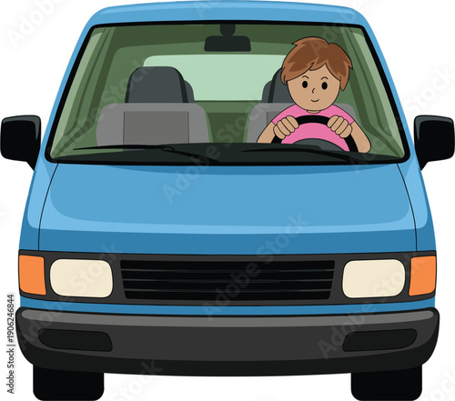 Cheerful young woman character driving a blue car or van for modern urban transportation and city travel lifestyle vector illustration