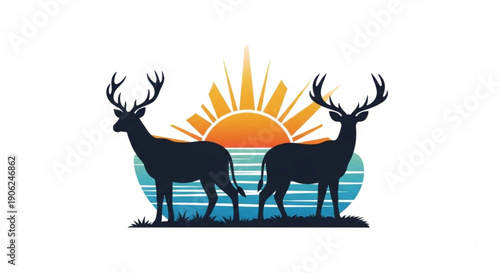 Two deer silhouettes standing on grassy hill against vibrant sunset background with ocean
