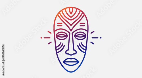 Vibrant Gradient Line Art Illustration of an Abstract Tribal Mask Blending Culture and Modern Design