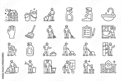 Building caretaker and housekeeping vector set