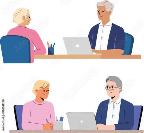 Flat vector illustration of a professional counselor or interviewer sitting at a desk with a laptop talking to a client for recruitment and mental health support concept