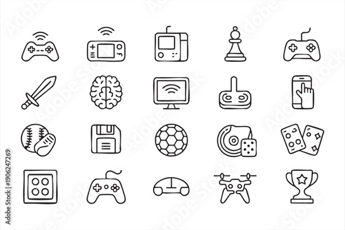 Video gaming and leisure thin line icon collection