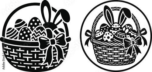 Black and white illustration of two easter baskets with eggs and bunnies