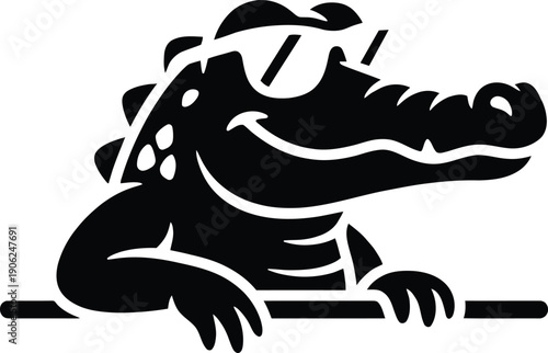 Black silhouette of a smiling alligator wearing sunglasses