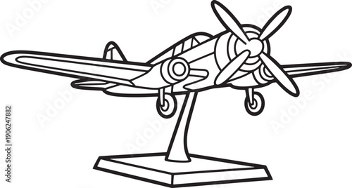 Isometric view of vintage fighter plane model on pedestal stand vector line art illustration