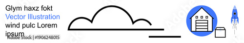 Logistics, shipping, innovation, cloud storage, space exploration, futuristic delivery. A warehouse icon, box and rocket alongside a cloud symbol. Logistics and innovation concepts