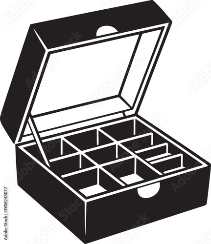 Open black box with internal compartments and hinged clear lid vector line illustration