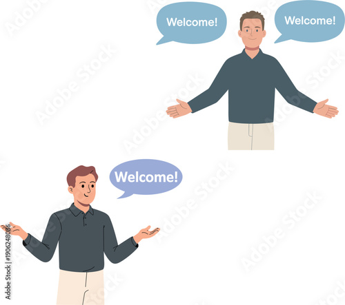 Happy young man character with open arms and welcome speech bubble set hospitable greeting friendly reception vector illustratio