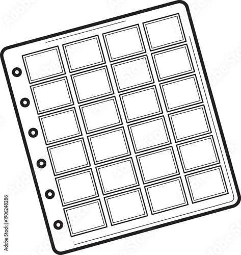 Plastic page protector with twenty empty rectangular pockets for storing trading cards