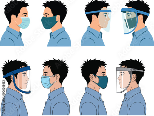 Man wearing protective face mask and plastic face shield set for virus protection health safety and pandemic prevention vector illustration