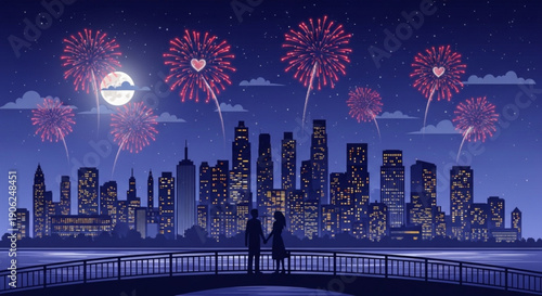 Romantic cityscape at night with fireworks and couple on bridge new year's eve celebration