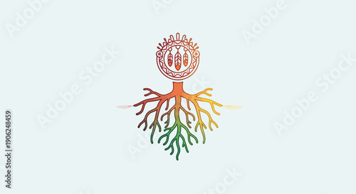 Stylized tree roots with spiritual tribal ornament and dreamcatcher feathers concept illustration