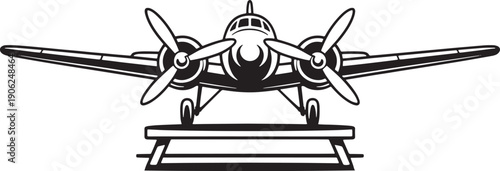 Propeller driven military aircraft on support base vector illustration with twin engine wings