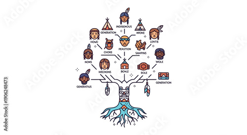 Illustrated representation of an indigenous family tree showcasing generations and cultural