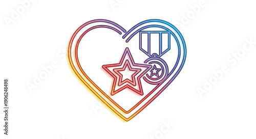 Vibrant heart outline with patriotic star and medal representing honor and achievement for designs