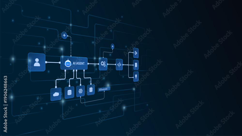 Obraz premium AI workflow automation artificial intelligence. ai agent workflow diagram connecting node input, processing flow, ai model, coding and automation system.