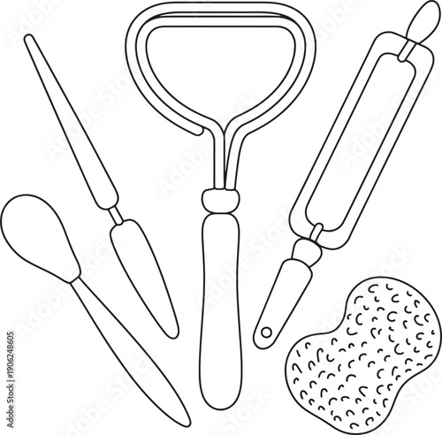 Set of pottery and sculpting tools including modeling spoon loop tool rolling pin and sponge