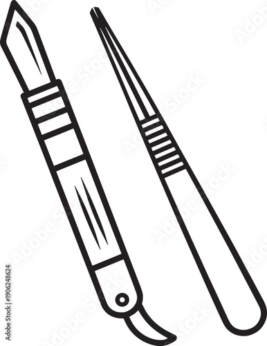 Set of two precision craft tools scalpel and tweezers for detailed cutting and handling in hobbies or medicine