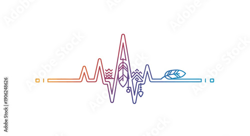 Vibrant bohemian heartbeat line art illustration with nature inspired elements and gradient colors
