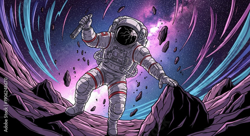 Astronaut in space suit exploring purple planet with asteroids and swirling lights