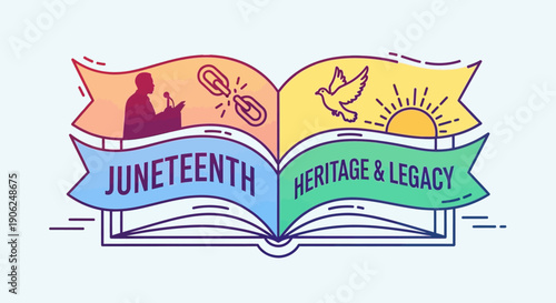 Vibrant Juneteenth illustration symbolizing freedom heritage and legacy through an open book concept