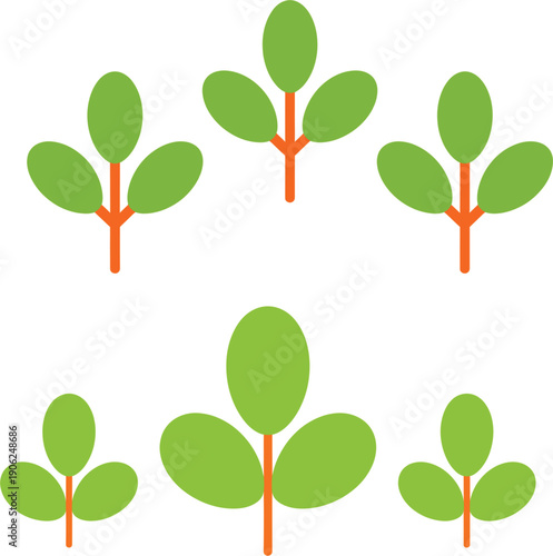Minimalist green plant sprout icons for organic growth environmental sustainability gardening nature and business startup development flat vector illustration