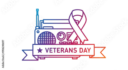 Veterans Day tribute with vintage radio and awareness ribbon gradient line art illustration