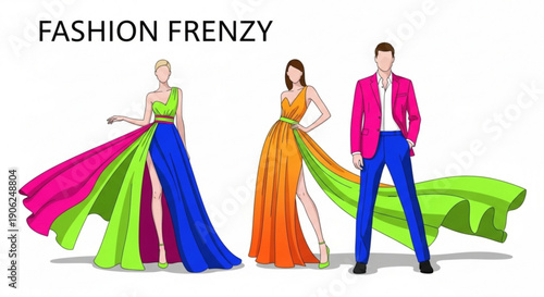 Fashion illustration of three models showcasing stylish outfits with vibrant colors and flowing garments in a modern fashion concept