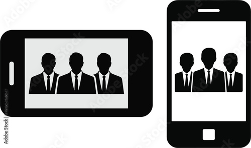 Minimalist smartphone icon set featuring business team silhouettes on screen for mobile professional networking corporate communication and digital marketing flat vector illustration