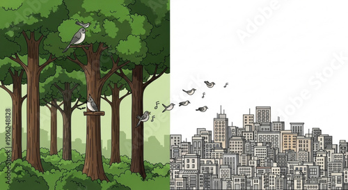 Contrasting natural forest landscape with urban cityscape illustration showing environmental balance and wildlife conservation