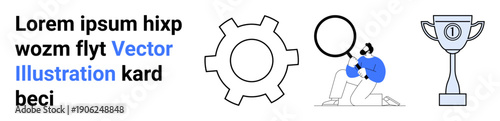 Large gear, person analyzing with magnifying lens, and trophy symbolizing solutions, problem-solving, and achievement. Ideal for teamwork, innovation, goals, research analytics strategy simple