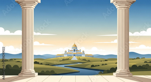 Serene landscape with majestic building and columns in the foreground featuring a tranquil river and rolling hills under a blue sky