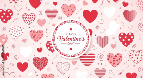 Valentine's day background with assorted red and pink hearts in various patterns and textures surrounded by a circular frame with happy