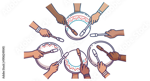 Diverse hands collaboratively playing rhythmic drums in a vibrant musical performance celebrating