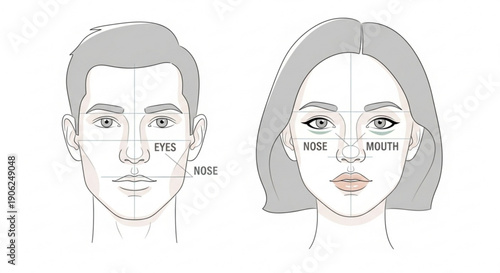 Facial proportions diagram of male and female faces with labeled features for beauty standards and cosmetic procedures