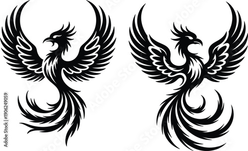 Mythical phoenix bird vector illustration set with spreading wings and fiery tail for rebirth power soul and legendary fire bird tattoo design