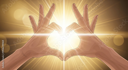 Hands forming a heart shape around a radiant light symbolizing love care and spiritual connection in a warm golden atmosphere