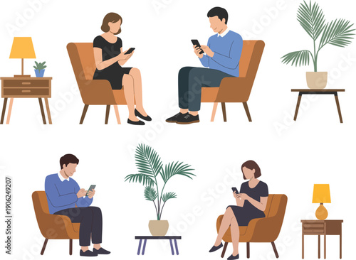 People sitting in armchairs using smartphones in modern lounge interior with indoor plants and lamps for lifestyle concept