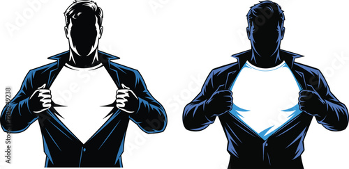 Powerful man silhouette vector illustration tearing open his shirt to reveal a blank t-shirt for superhero transformation and hidden identity concept