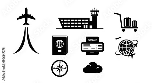 Black Airport Terminal Icons Set with Airplane Passport and Compass