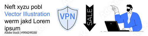 Cybersecurity, online protection, remote work, digital communication, e-commerce, personal safety. A shield labeled VPN, sale arrow and man pointing at a laptop. Cybersecurity and online protection